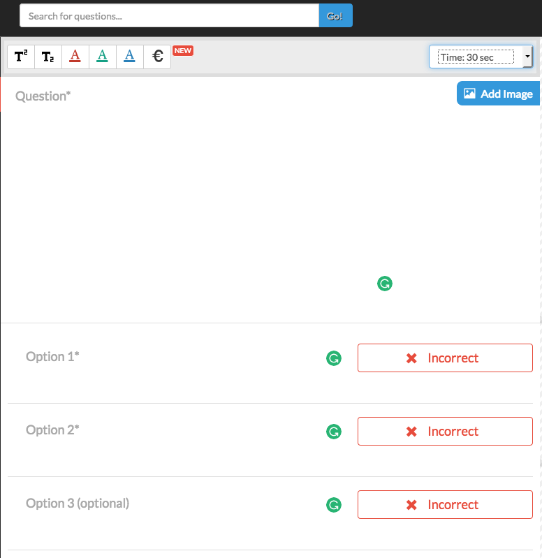 Adding Questions page